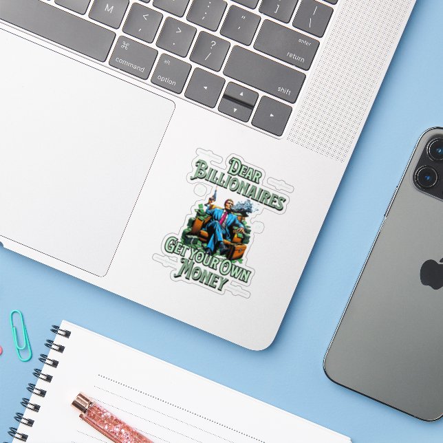 Sticker Chers millionnaires, amusez-vous avec votre argent (Ordinateur portable avec iPhone)