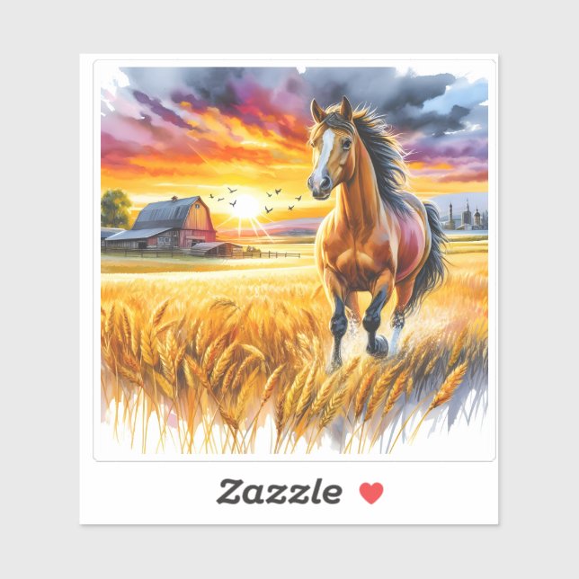 Sticker Cheval à l'aquarelle dans un champ de blé (Feuille)