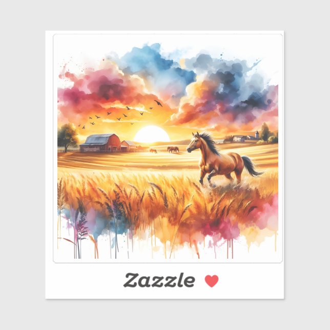 Sticker Cheval au galop dans des champs dorés (Feuille)