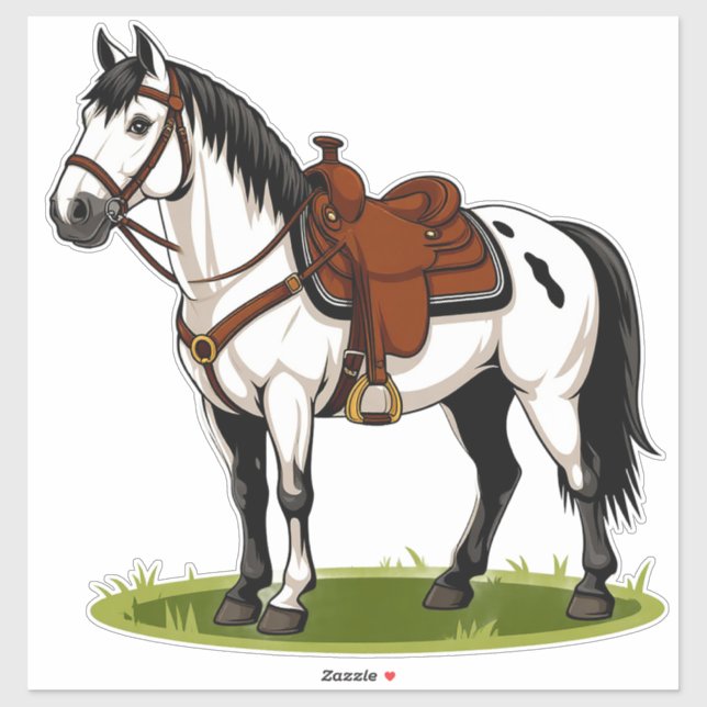 Sticker Cheval Blanc Debout Dans Champ Herbeux (Feuille)