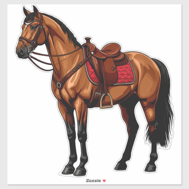 Sticker Cheval Brun Avec Selle (Feuille)