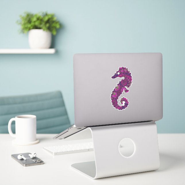 Sticker Cheval de mer fragile rose et violet (Ordinateur portable sur le bureau)