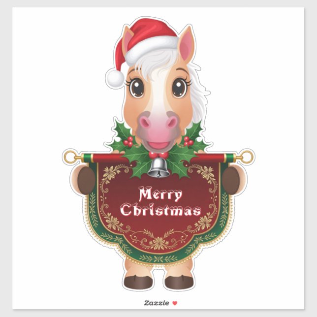 Sticker Cheval de Noël joyeux avec bannière (Feuille)