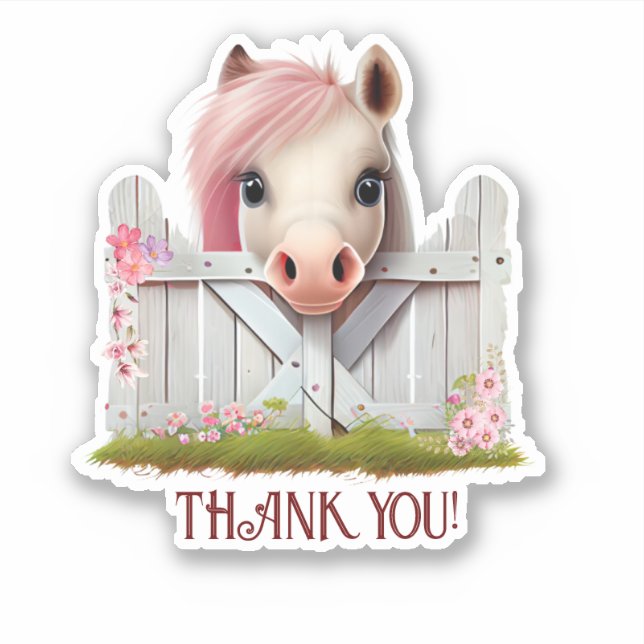 Sticker Cheval mignon Merci rose rose Personnalisé Coupe V (Devant)