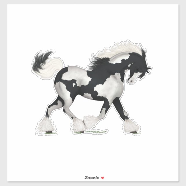 Sticker Cheval noir et blanc Overch Gypsy Vanner Pony (Feuille)