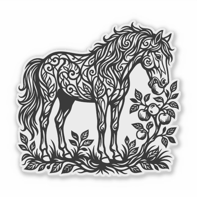 Sticker Cheval Ornemental Mangeant des Pommes Silhouette F (Devant)