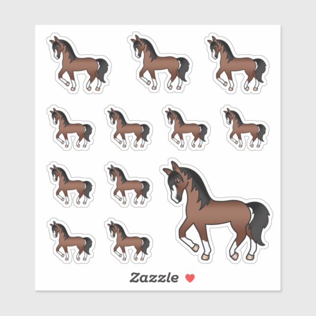 Sticker Chevaux Bruns Mignons Dessin Animé Trotinant (Feuille)