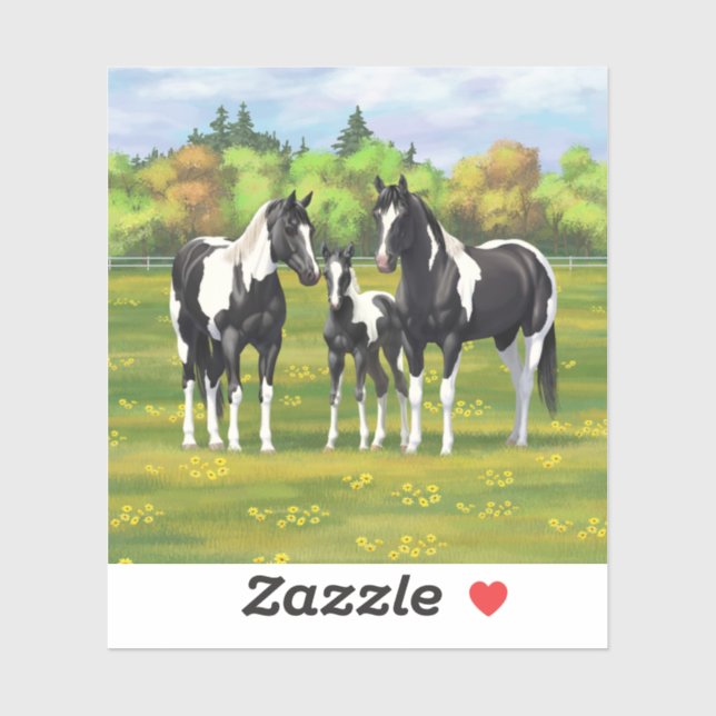 Sticker Chevaux De Peinture De Pinto Noir En Pâturage Été (Feuille)