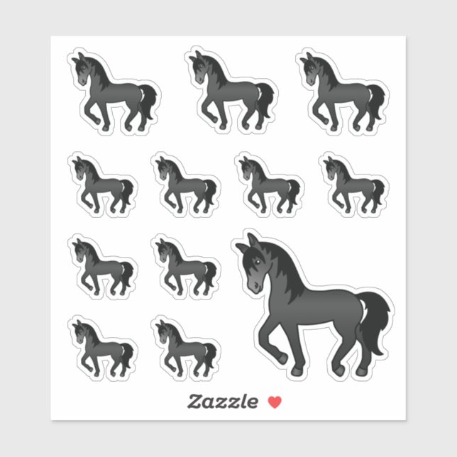 Sticker Chevaux trottant de dessin animé mignons noirs (Feuille)