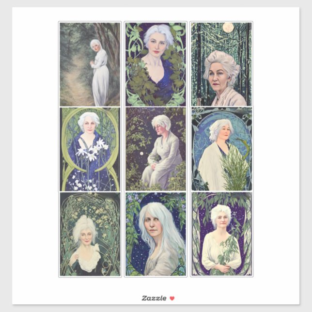 Sticker cheveux gris argent femmes portraits d'art feuille (Feuille)