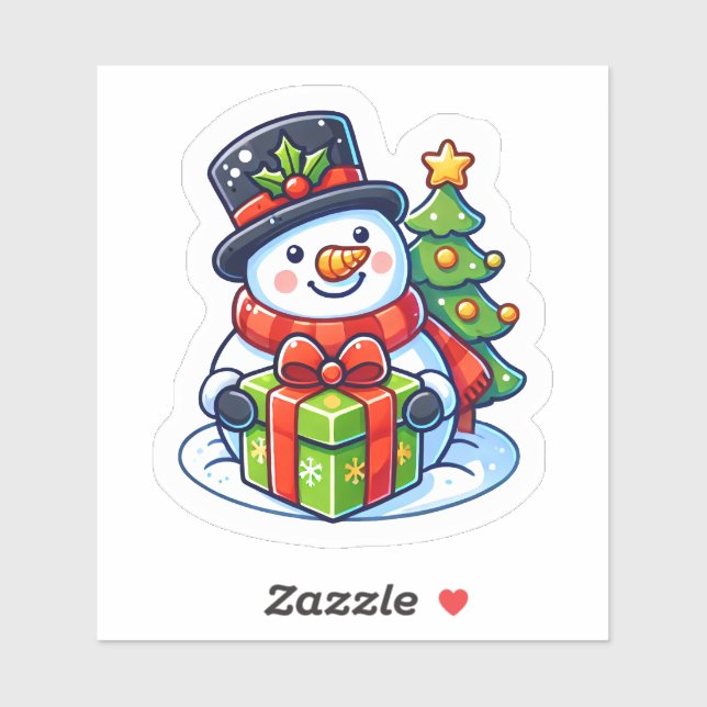 Sticker Cheveux Snowman Avec Cadeau Et Arbre De Noël (Feuille)