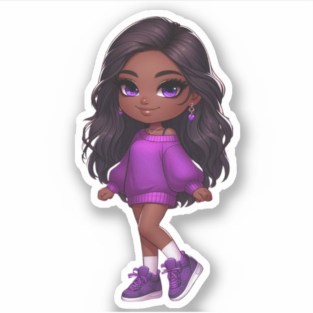 Sticker chibi noir mignon en violet (Devant)