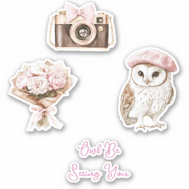 Sticker Chic Pink Beret Brown White Owl Be Seeing You (Devant)