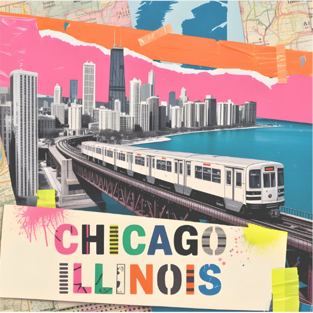 Sticker Chicago Skyline Train Collage Pop Art Rétro Voyage (Devant)