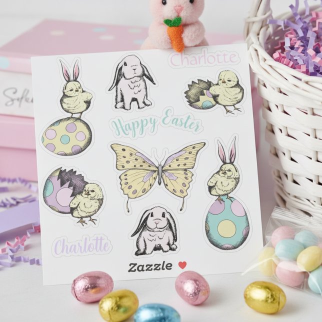 Sticker Chick, lapin, papillon et nom personnalisé (Cute Happy Easter Bunny Rabbit, Colorful Eggs & Butterfly Stickers in Pastel Colors for Her)