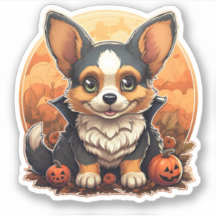 Sticker Chien adorable avec dessin Citrouille Halloween Co