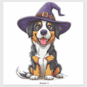 Sticker Chien adorable portant un chapeau de sorcier viole