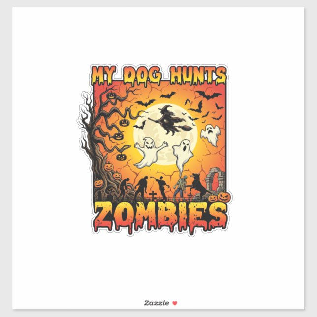 Sticker Chien Chasse Les Zombies Halloween Fantômes Sorciè (Feuille)