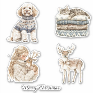 Sticker Chien Chat Cerf Fille Noël