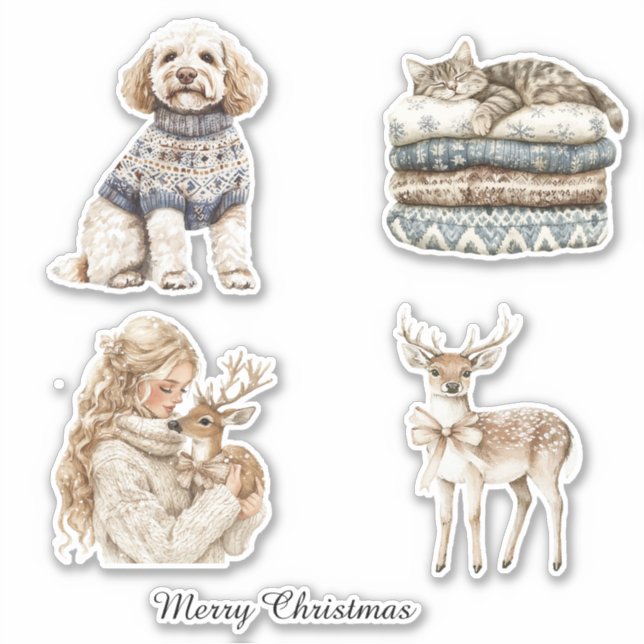 Sticker Chien Chat Cerf Fille Noël (Devant)