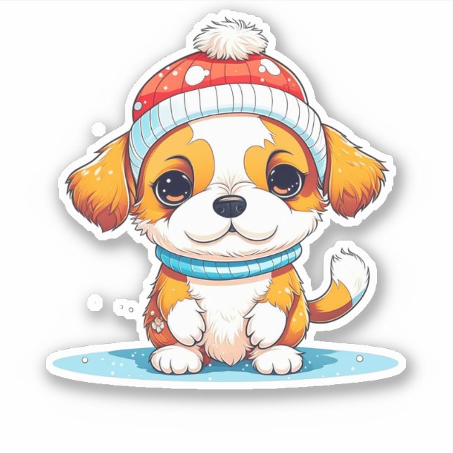 Sticker Chien chiot de Noël Kawaii (Devant)