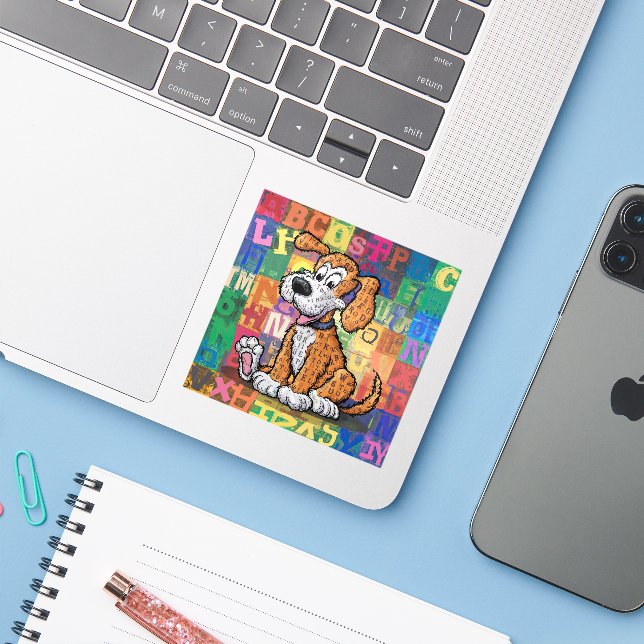 Sticker Chien de dessin (Ordinateur portable avec iPhone)