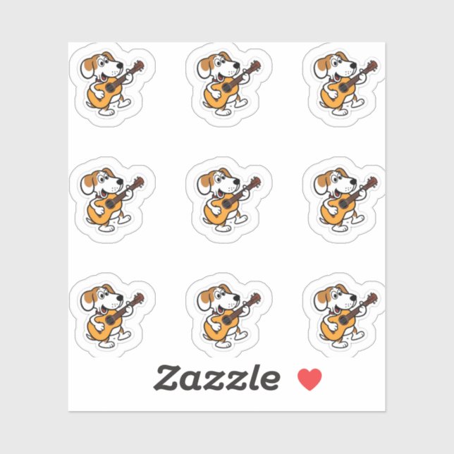 Sticker chien de dessin animé jouant d'une guitare (Feuille)