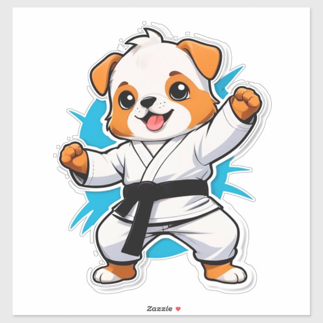 Sticker Chien de dessin animé joyeux en gi de karaté (Feuille)