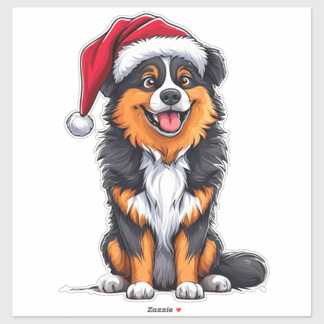 Sticker Chien de Noël Chapeau de Père Noël Fête Mignon Ama (Feuille)