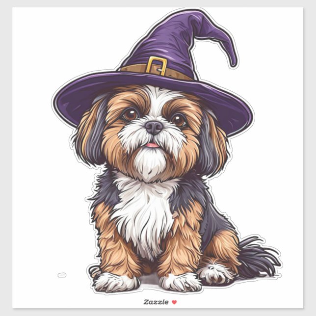 Sticker Chien Drôle et Effrayant avec un Chapeau Magique T (Feuille)