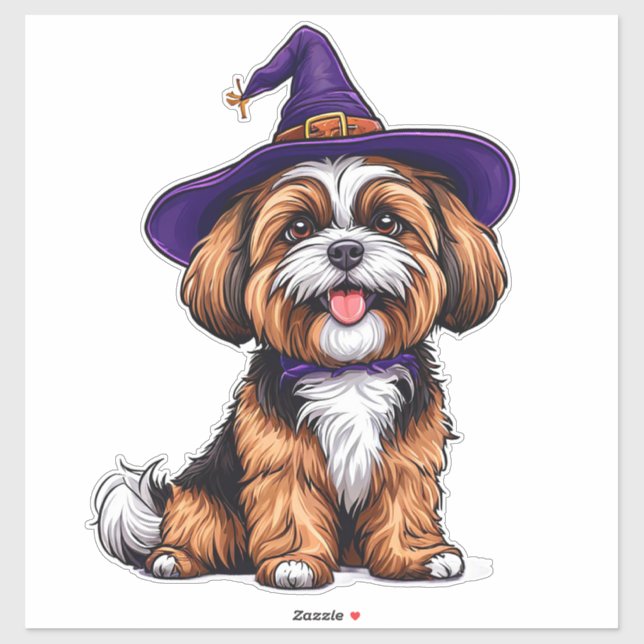 Sticker Chien heureux portant un chapeau de sorcière (Feuille)
