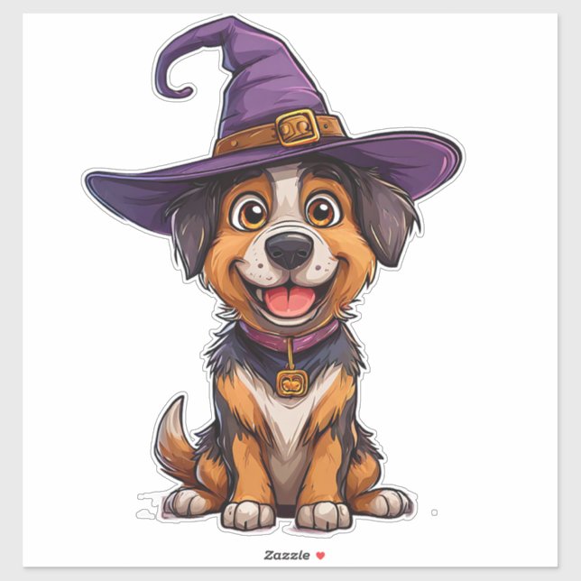 Sticker Chien Mignon Chapeau de Magicien Violet Cadeau d'H (Feuille)