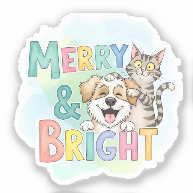Sticker Chien mignon & Chat Merry & Bright (Recto)