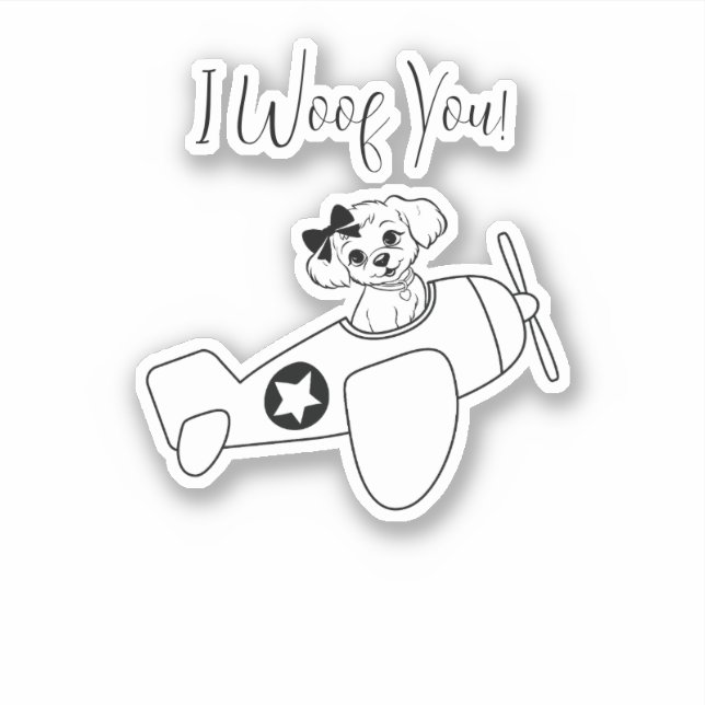 Sticker Chien mignon dans un avion, dessin au trait, simpl (Devant)