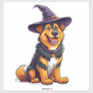 Sticker Chien mignon portant un chapeau de sorcier d'Hallo