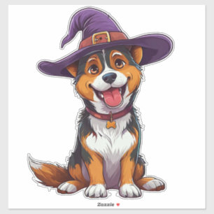 Sticker Chien mignon portant un chapeau de sorcier Hallowe