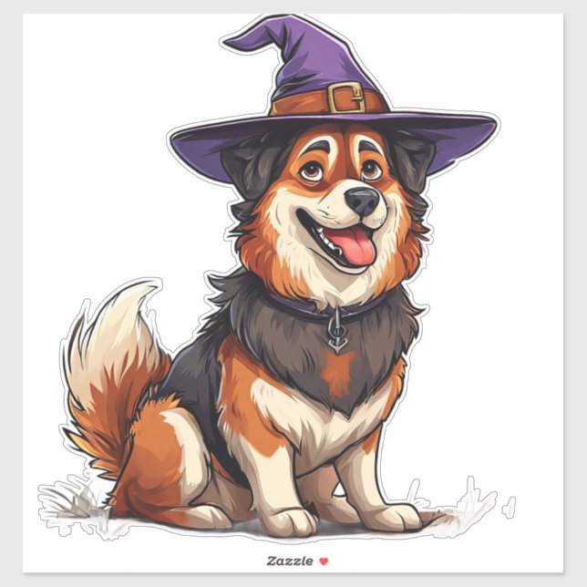 Sticker Chien portant un chapeau de sorcier violet Hallowe (Feuille)