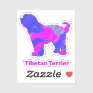Sticker Chien Tibétain Terrier Silhouette rose et bleu cha