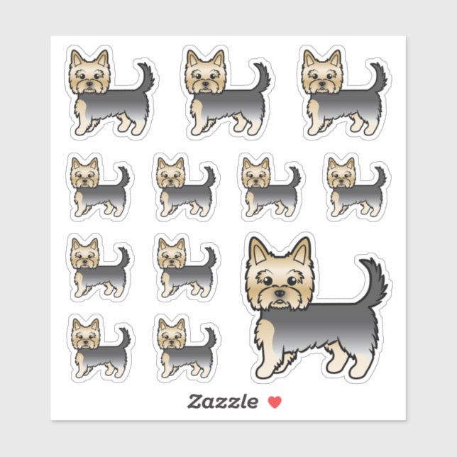 Sticker Chiens de bande dessinée Terrier Yorkshire bleu et (Feuille)