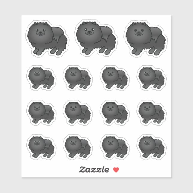 Sticker Chiens de dessin animé mignons Pomeranian noir (Feuille)