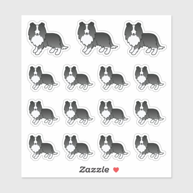 Sticker Chiens de dessin Bi-Black Shetland Sheepdog Shelti (Feuille)