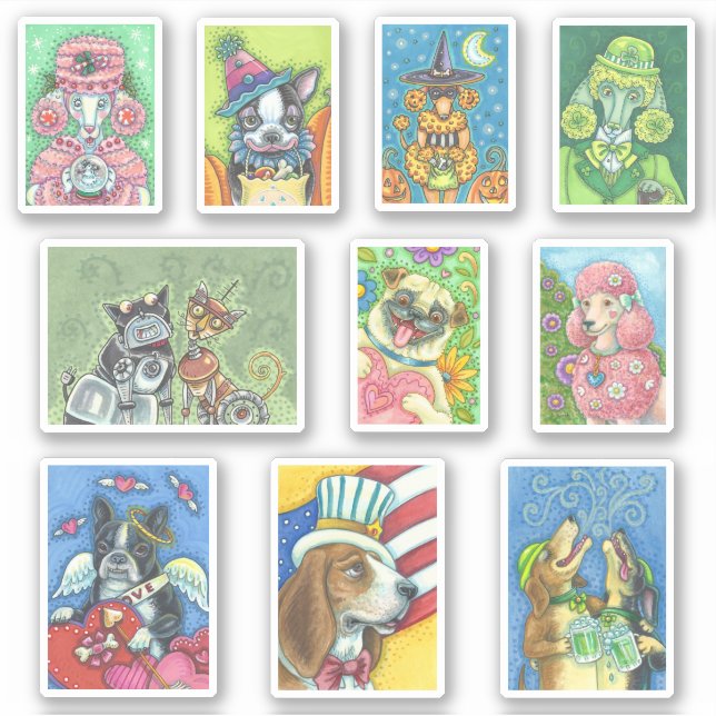 STICKER CHIENS DE VACANCES MIXTES ROBOT BOSTON POODLE CARL (Devant)