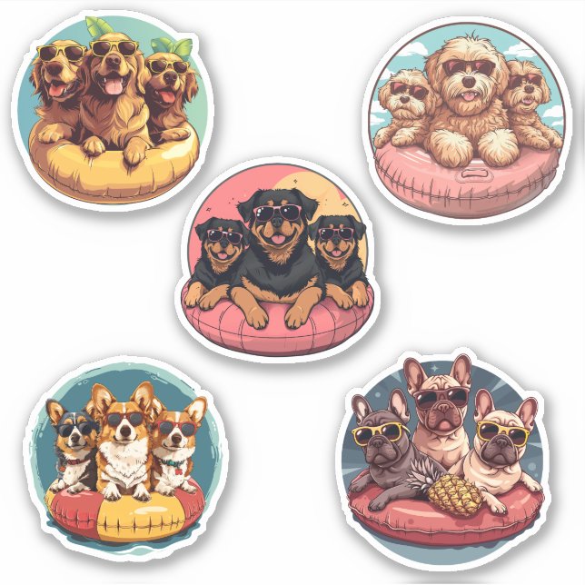 Sticker Chiens D'Été En Flottes De Piscine (Devant)