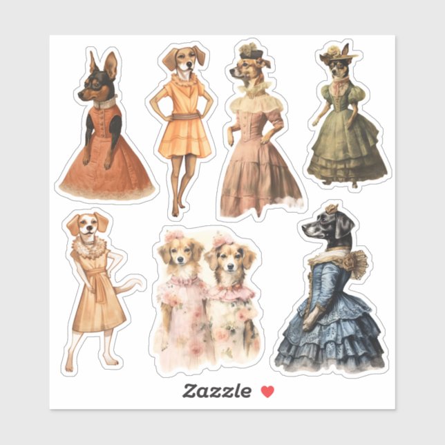 Sticker Chiens vintages dans les vêtements anciens Trousse (Feuille)