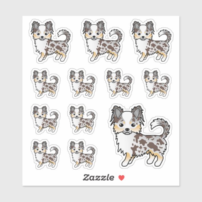 Sticker Chihuahua à poil long Merle Chocolat Chiens Mignon (Feuille)