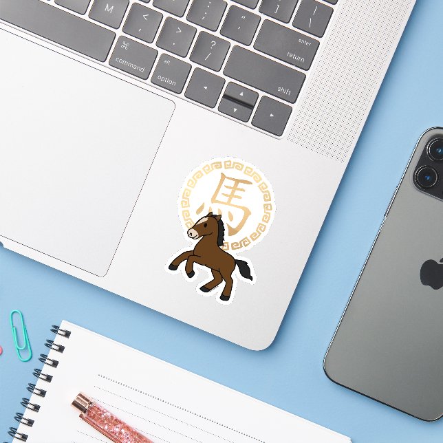 Sticker Chinese Lunar Year of the Horse with Golden Zodiac (Ordinateur portable avec iPhone)