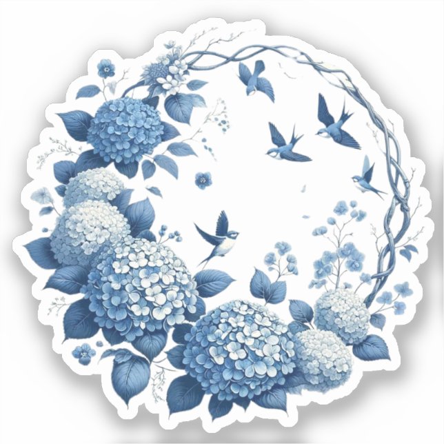 Sticker Chinoiserie Chic, Hydrangeas et Bluebirds Wreath (Recto)