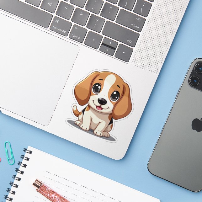 Sticker Chiot Beagle joueur – Style pastel mignon (Ordinateur portable avec iPhone)
