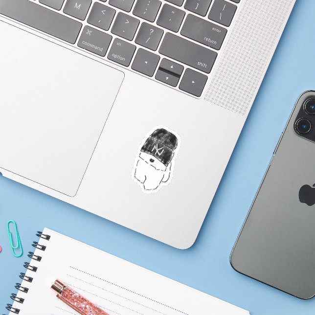 Sticker Chiot Bichon Frise Cool portant un béret noir (Ordinateur portable avec iPhone)