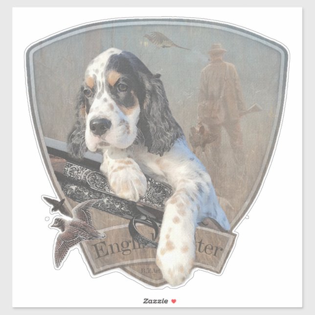 Sticker Chiot de Setter anglais avec fusil de chasse class (Feuille)